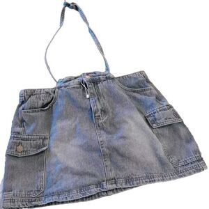 Rumwe Women’s Large Blue Jean Mini Skirt Pockets And Halter Tie Strap. B52